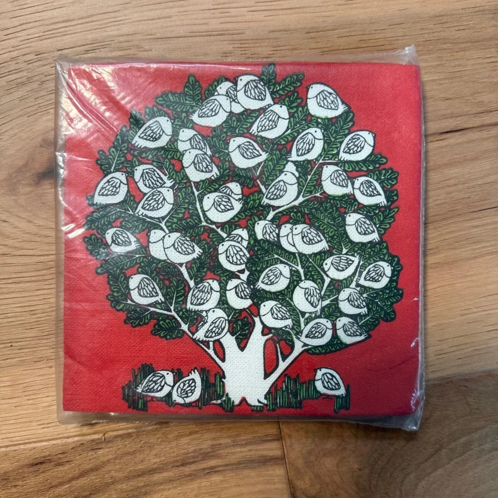 Gift Givers Cost Plus Cocktail Napkins 5x5 Red Vintage Birds in Tree 25 Count